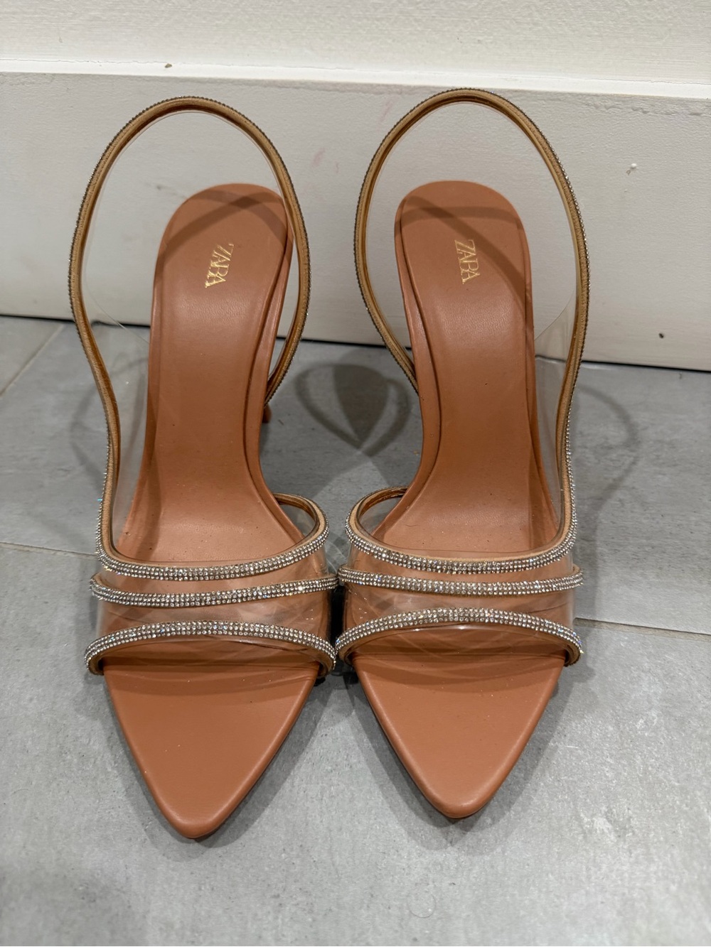Zara Rhinestone Clear Slingback Heels Nude Size 41 EU / US 10 Never Worn